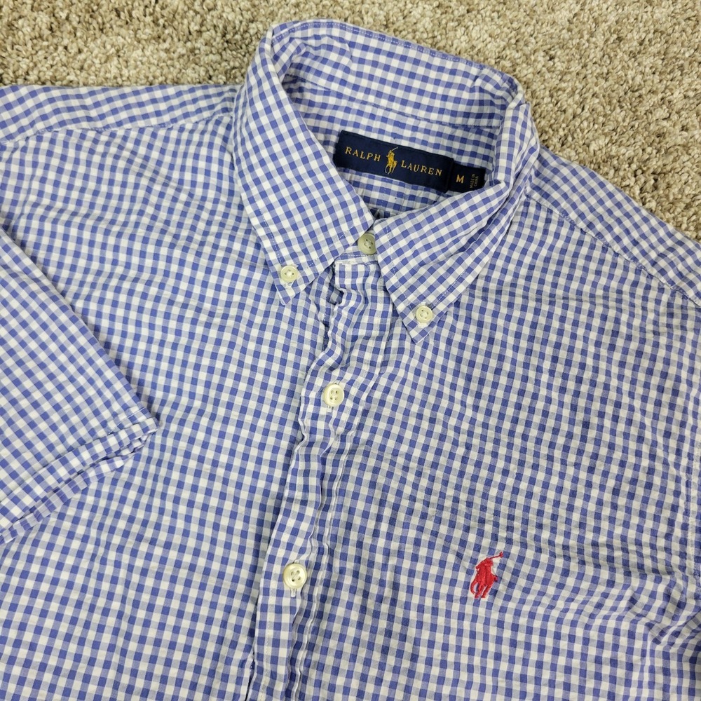 Ralph Lauren Mens Medium Blue White Gingham Check Pony Button Down SS